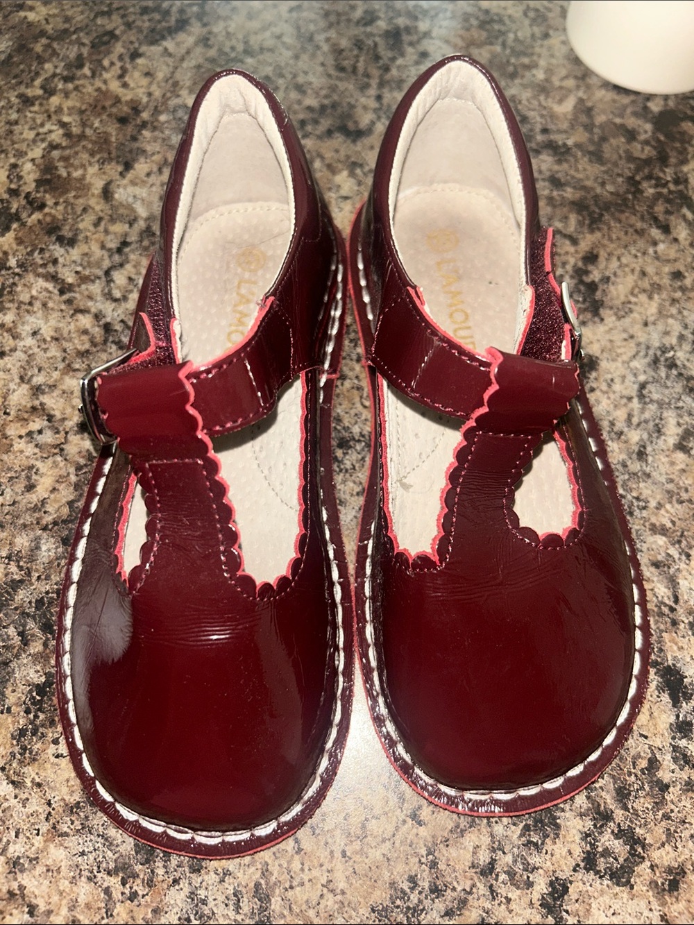 Girls' Burgundy Patent Mary Jane Dress Shoes with Pink Trim